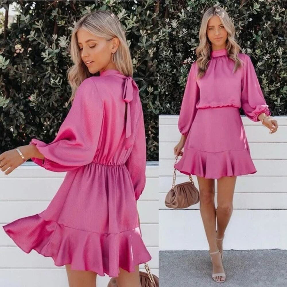 Vici Call Me Angel Dress Satin Pink Long Sleeve Tie Back Mock Neck Flirty Girly